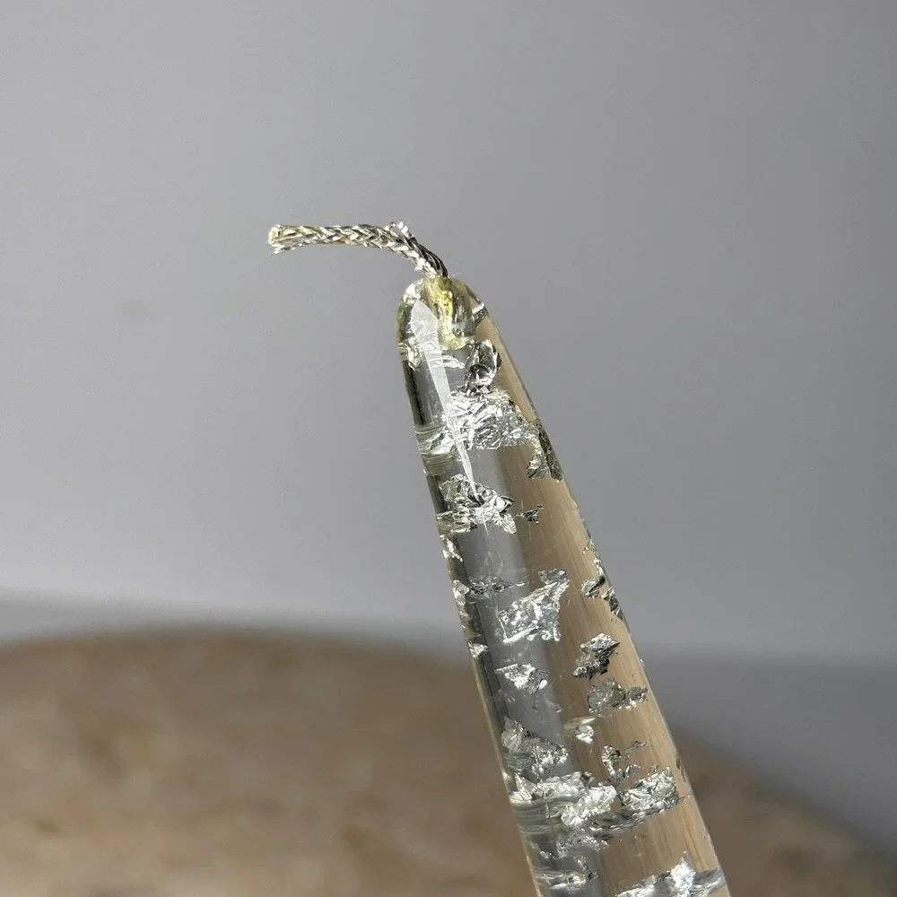 Vintage Lucite Silver Foil Gel Taper Candle 8 Inch Clear Metallic Leaf Accent